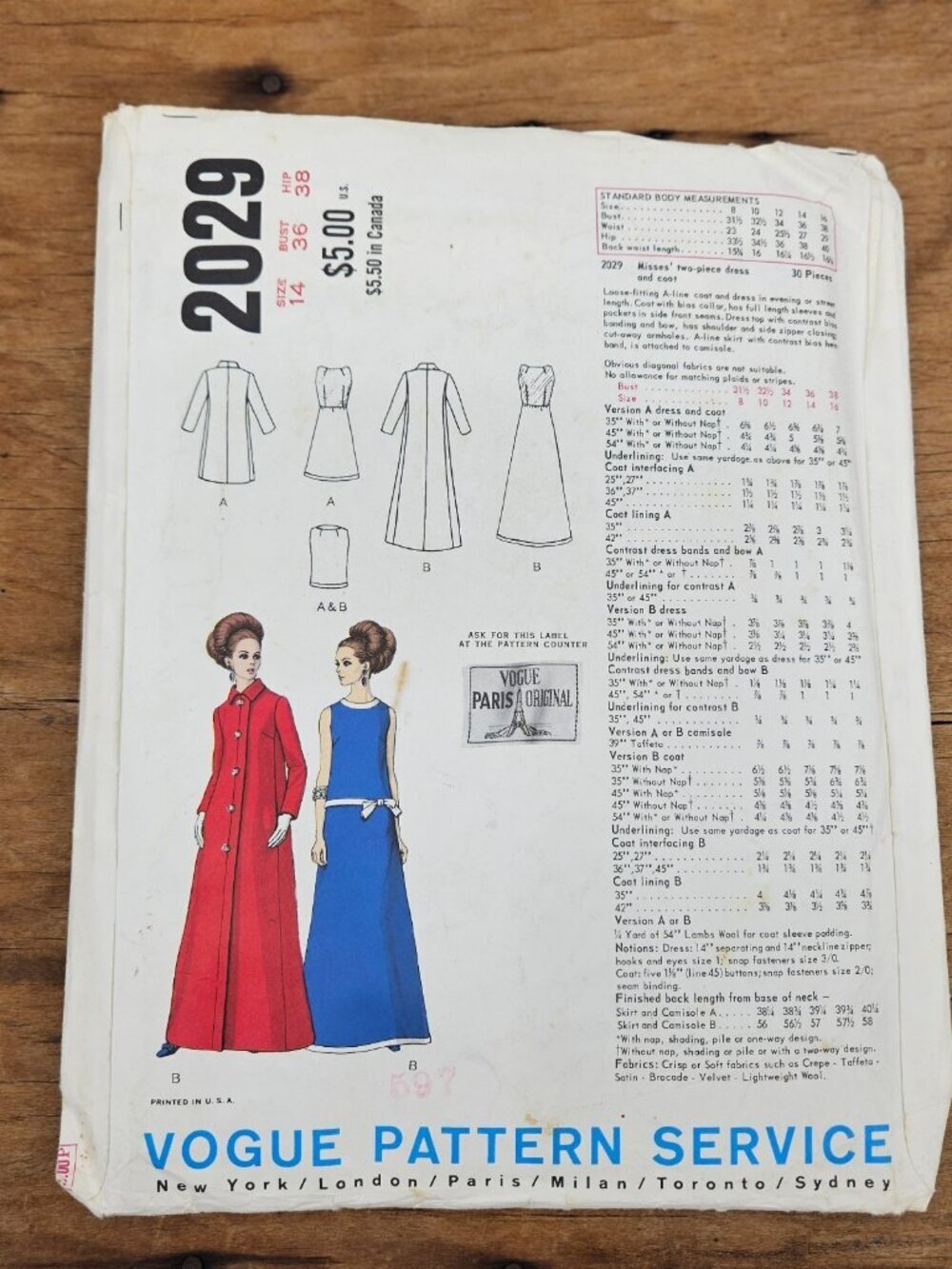 VTG Vogue Paris Original Pattern Patou 2029 Uncut Size 14 Dress Coat - Picture 2 of 2
